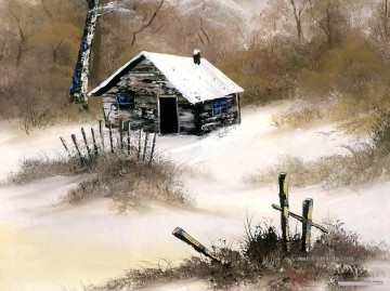 Winter Kabine Bob Ross freihändig Landschaften Ölgemälde